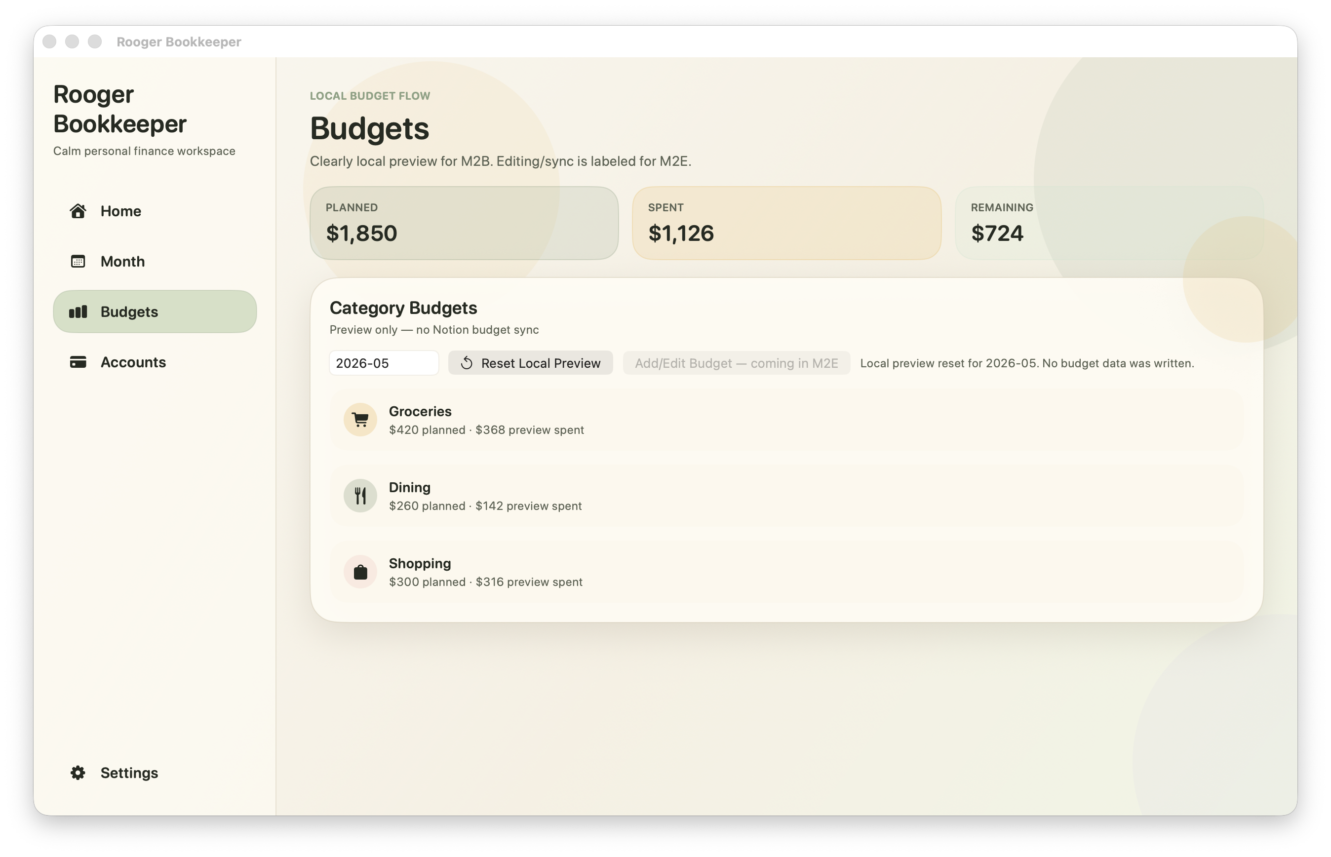 Rooger macOS budget management screen in English
