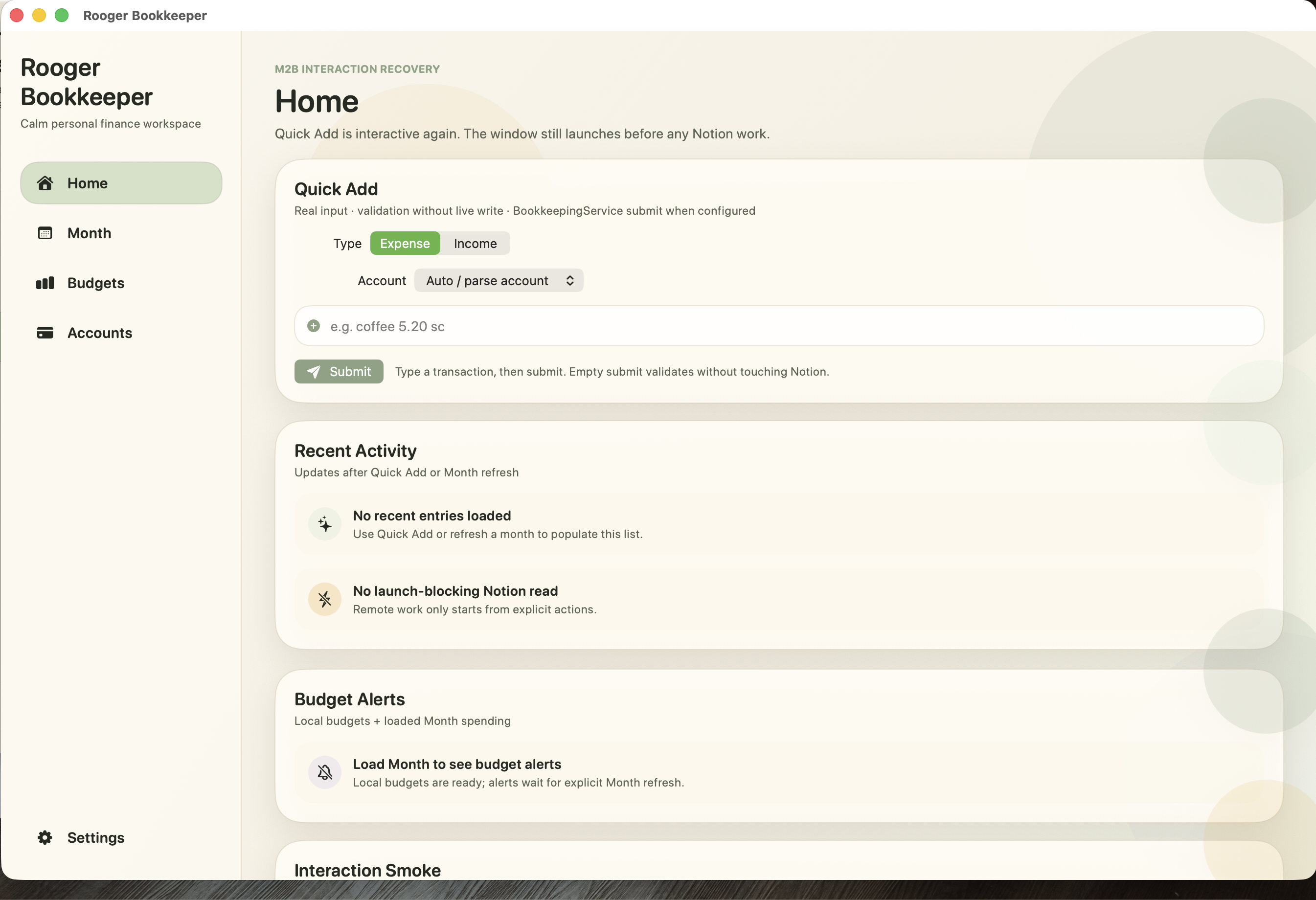 Rooger Bookkeeper macOS home workspace in English