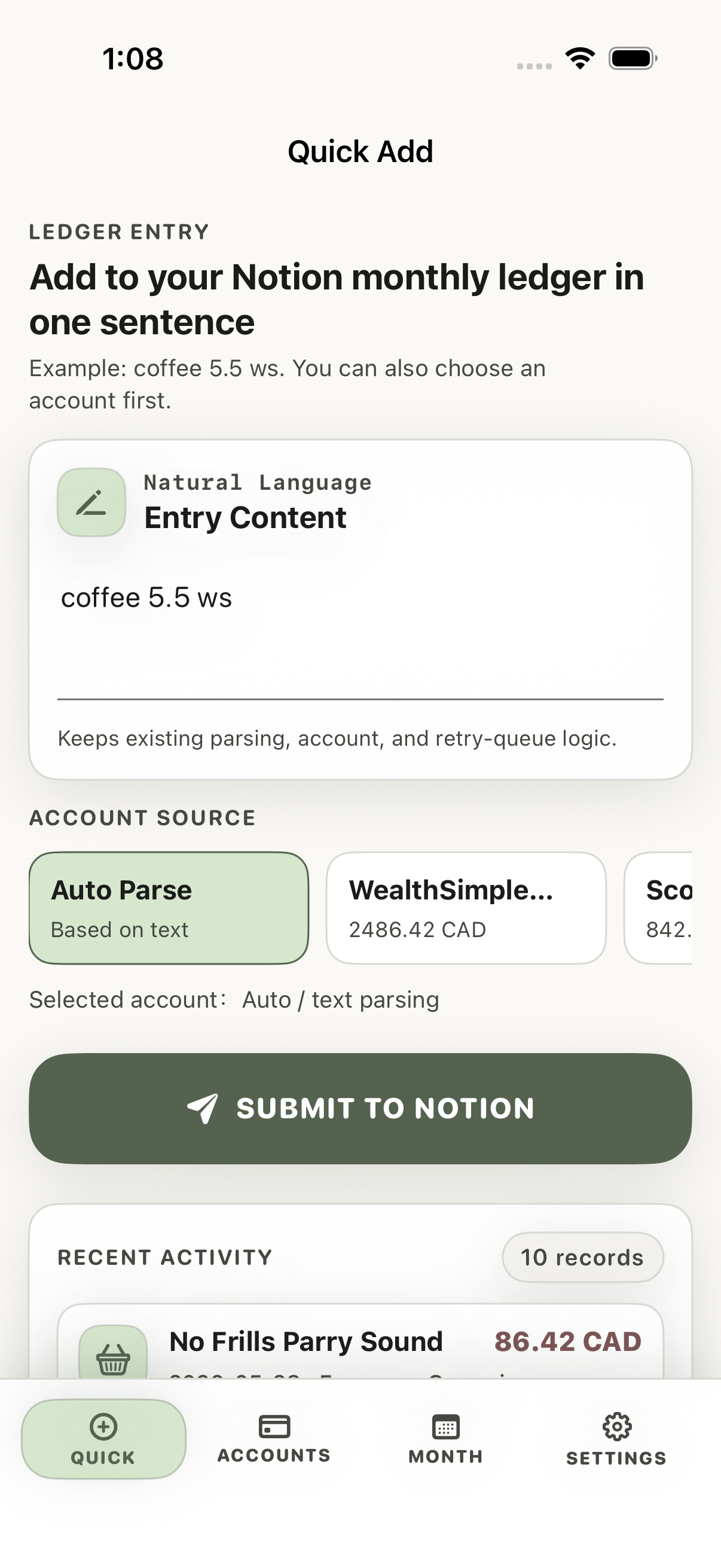 Rooger Bookkeeper iPhone Quick Add screen in English